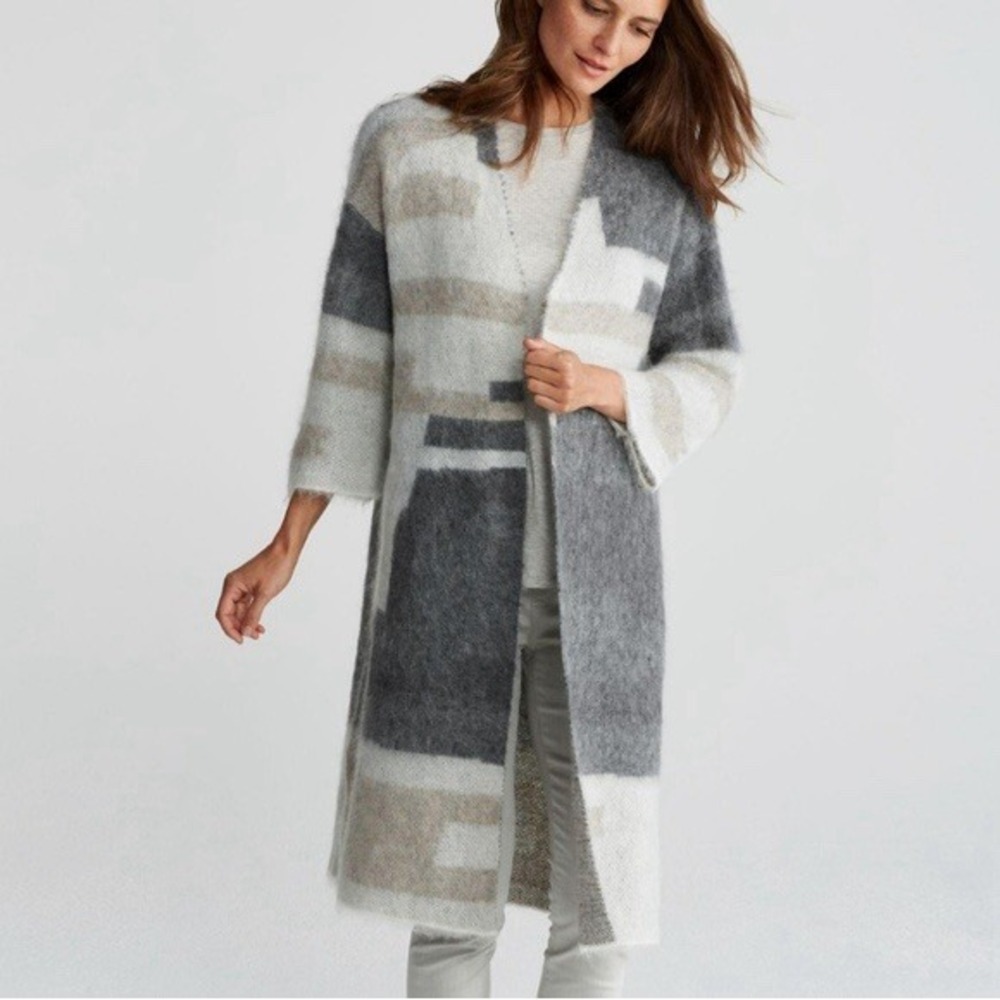 Eileen Fisher Brushed Alpaca Mohair Duster Long Cardigan Sweater Open Front L